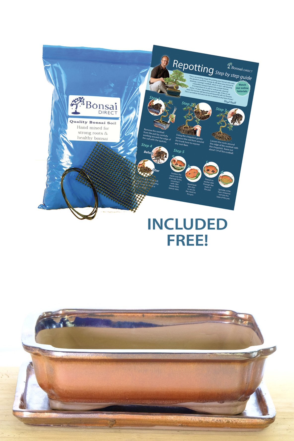 Bronze ceramic bonsai pot for sale with matching drip tray | FREE delivery available