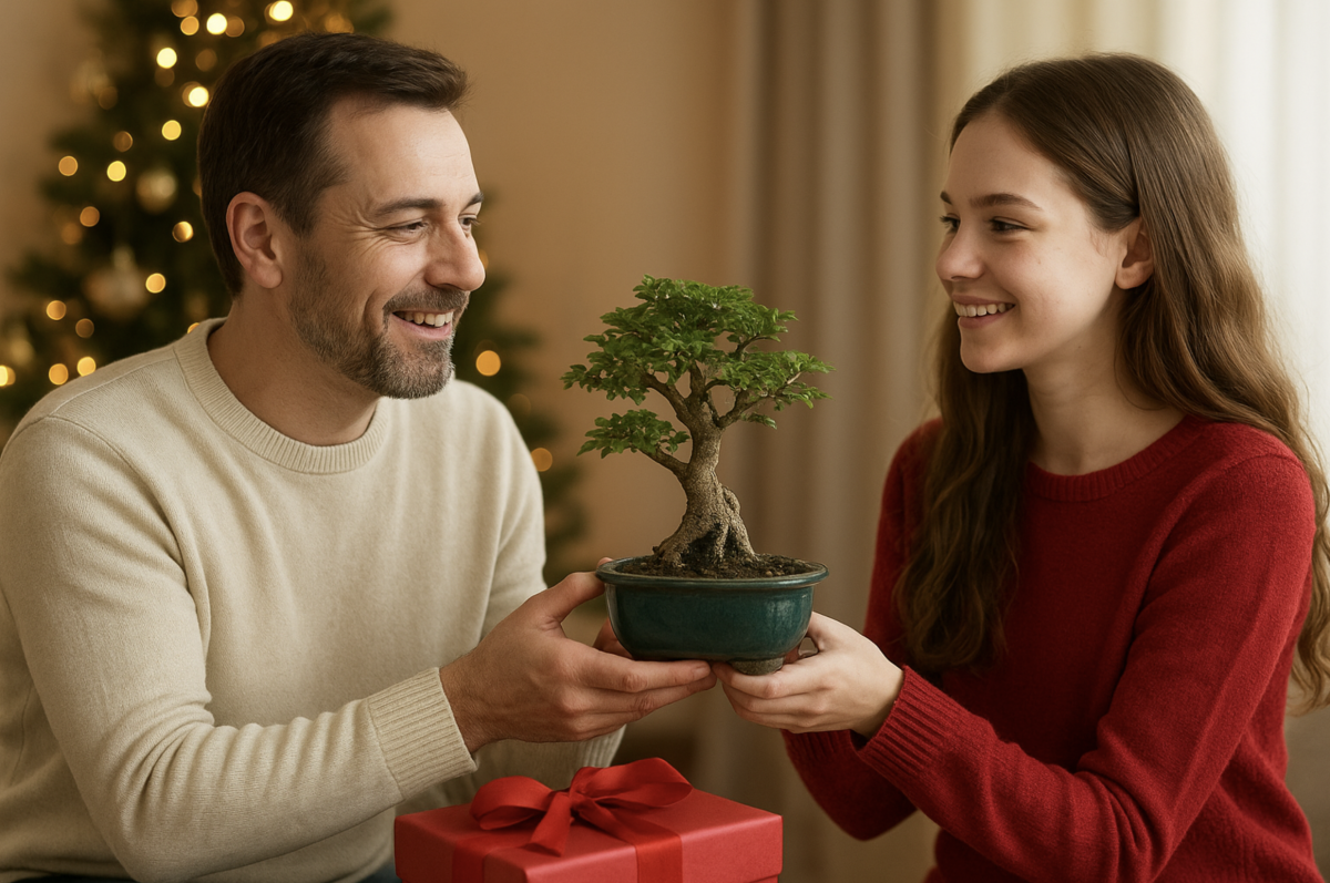 Dad receiving a bonsai gift from his daughter