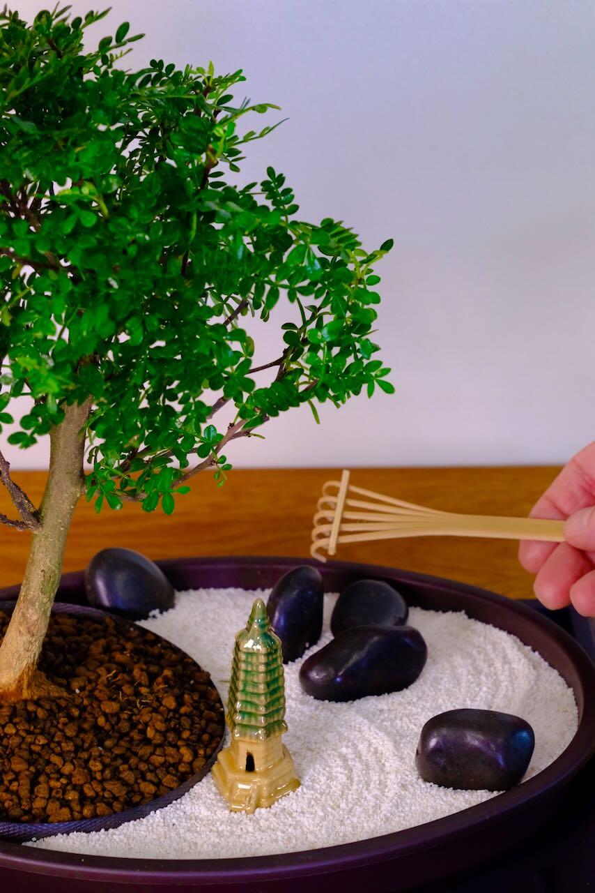 Mini zen garden for sale with oriental temple and bamboo rake